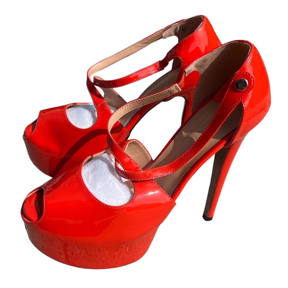 Orange Patent Platform Pumps
